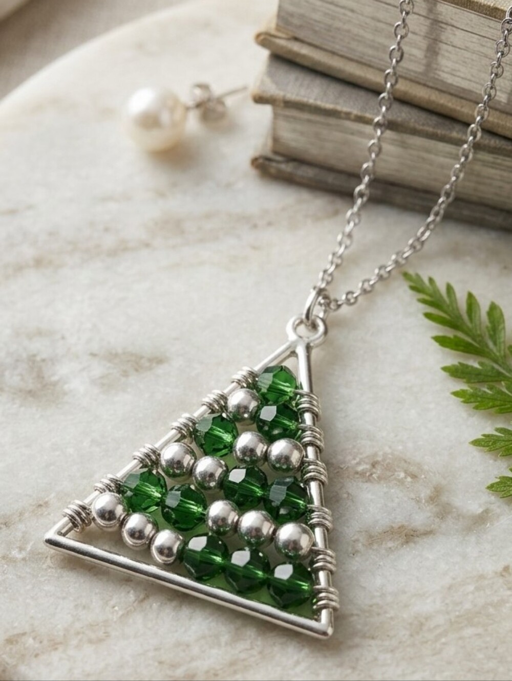 Elegant Silver and Green Triangle Beaded Pendant Necklace 26" Chain Necklace